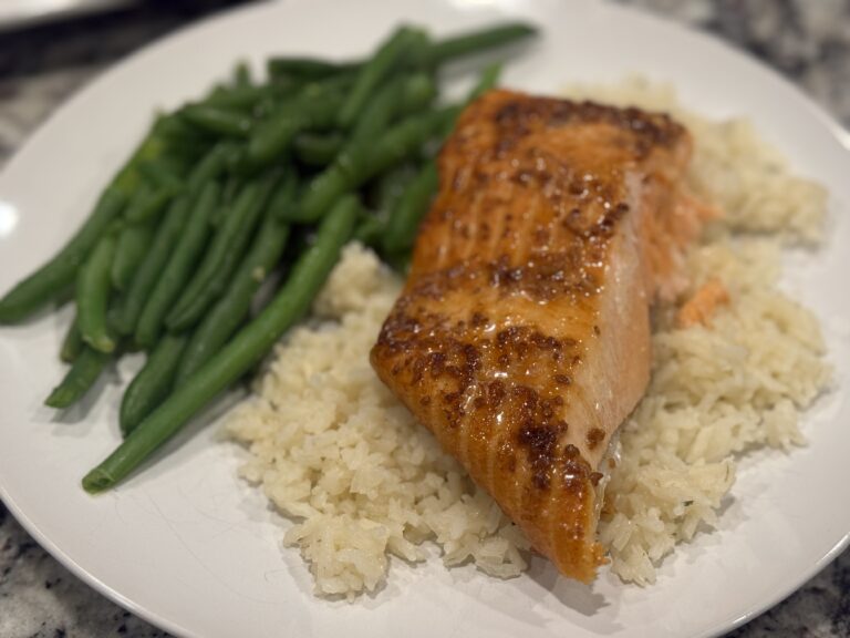 Honey lemon baked steelhead trout served over rice with green beans.